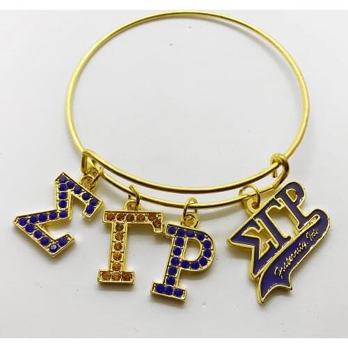 Exquisite rhinestone inlaid metal Greek letter SIGMA GAMMA RHO pendant bracelet University sorority society jewelry wire bangle