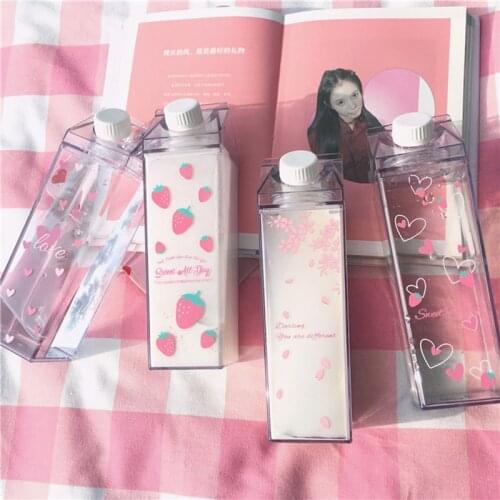 Creative Cute Plastic Clear Milk Carton Water Bottle Fashion Strawberry Transparent Milk Box Juice Water Cup for Girls BPA Free