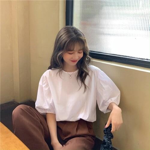 Summer Korean Version 2021 Bubble Sleeve White Loose Round Neck Foreign Short-Sleeved Shirt Female Student Shirt