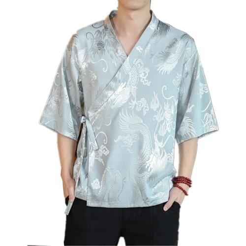 2021 Summer Men Chic Dragon Print Kimono Shirt Men Vintage Hanfu Blouse Male Half Sleeve Chinese Style Open Stitch Tops M-5XL