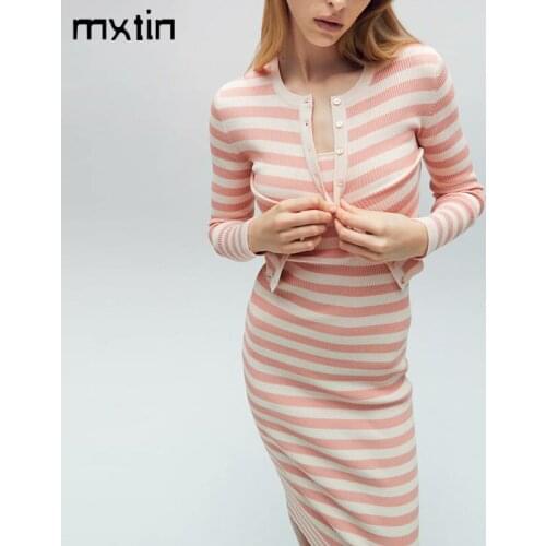 MXTIN 2021 Wome Spring Vintage Stripe Sweet Knitted Cardigan Sweater Elegant Single-Breasted Outerwear Ladies Chic tops