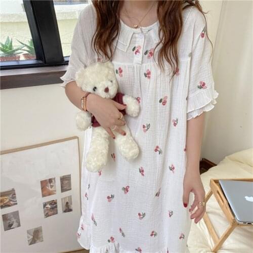 2021 Summer New Product Sweet Cotton Cherry Printed Chiffon Lace Nightdress Womens Korean Home Wear Female Sleepwear Nightgown