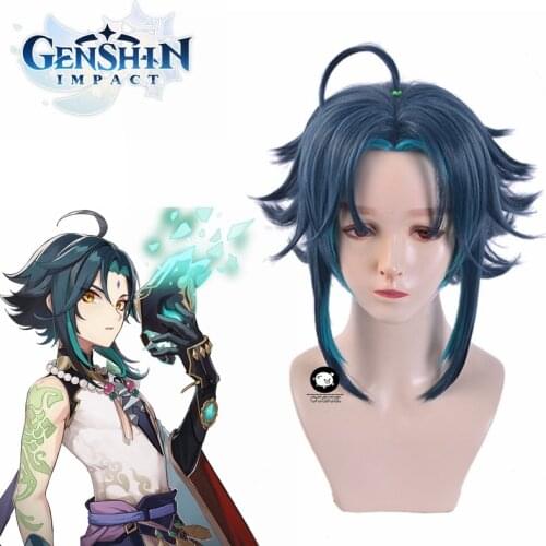 Game Genshin Impact Xiao Cosplay Wigs Mixed Blue Short Cosplay Wig Heat Resistant Synthetic Hair Halloween