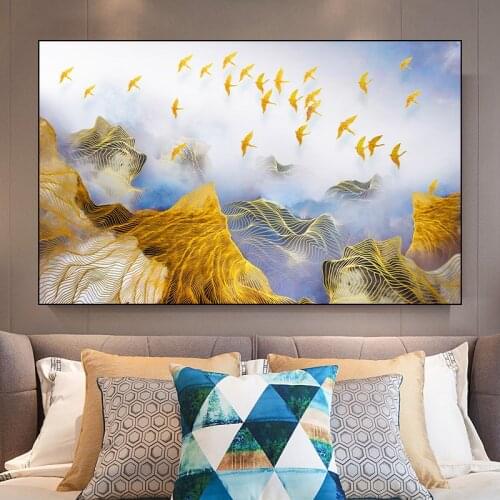 Simple European Abstract Golden lines Distant mountains And Birds Canvas Painting Prints Poster Wall Art Picture Home Decoration