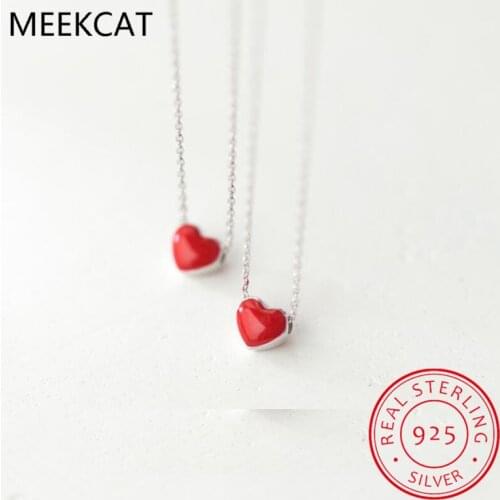 Genuine 925 Sterling Silver Minimalist Sweet Red Heart Pendant Short Necklace For Women Wedding Jewelry Gift DS2105
