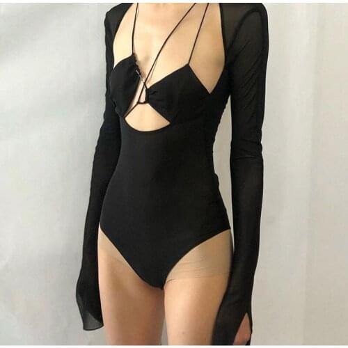 Mesh Bodysuit Hollow Out Sexy Lace Up Long Sleeve Y2k Bodysuits Lingerie Sheath Womens Clothes Summer 2021 Outfit Club Bodysuit