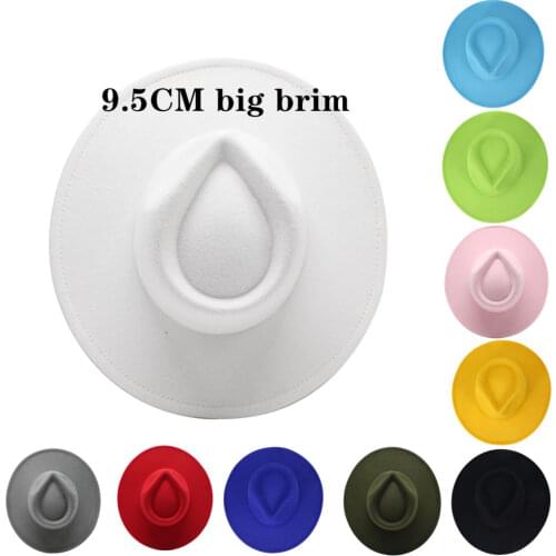 9.5cm extra large wide brim woolen jazz hat women pure color imitation woolen fedora hat men fashion Panama hat wedding hat