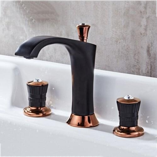 Basin Mixer Faucets Black and Gold Brass Crystal 3 Holes Double Handle Bathroom Sink Faucet Hot and Cold Basin Tap Bathtub Mixer