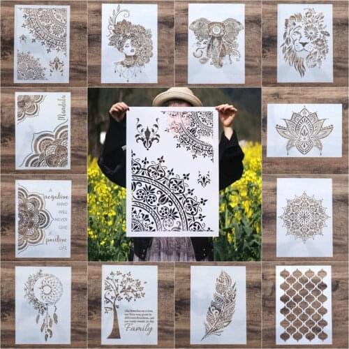 1pc A2 Size DIY Craft Layering Elephant Feather Bee Mandala Stencils for Walls Painting Airbrush Wall Art Canvas Wood Furniture