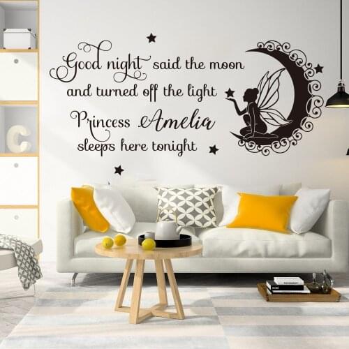 Custom Name Fairy Good Night Princess Sleep Here Wall Decal Girl Room Kids Room Family Love Moon Fairy Tail Wall Sticker Vinyl