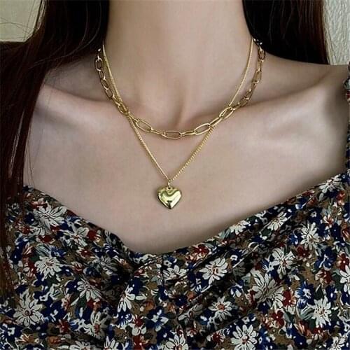 Fashion Heart Pendant Link Chain Necklace for Women Girl Gold Silver Color Double Layers Clavicle Chain Trendy Collier Jewelry