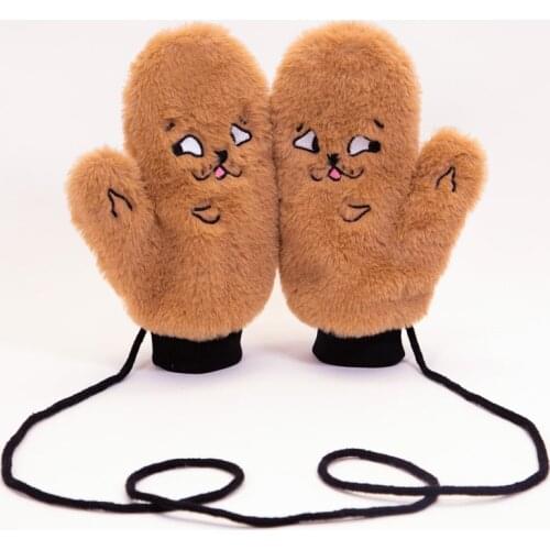 Women Cute Cartoon Cat Full Finger Halter Mitten Winter Female Plus Plush Thick Cashmere Wool Knit Warm Leopard Print Glove C43