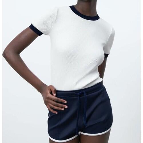 2021 Summer Casual Knitted Women T Shirts O Neck Short Sleeve Patchwork Ribbed Crop Tops Tshirt Sexy Korean Stretch White Tee