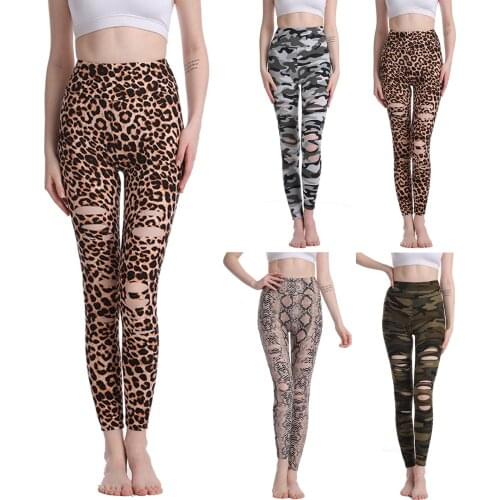 Lady Leggings Print Camouflage Hole Leggings For Girls Running Fitness Stretch Active Slim Sports Ripped Pants Tight Leggings