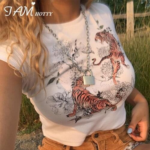 Cotton White Tiger Floral Animal Printed y2K Aesthetic Crop Top T-shirt Women Harajuku Short Sleeve Crewneck Summer Tee Iamhotty