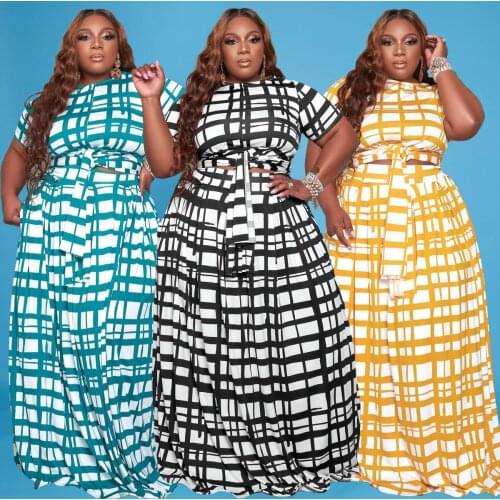 Black White Plus Size Clothing Women Skirts Sets Two Piece Set Plaid Crop Top with Elastic Waist Maxi Skirt Summer Dropshipping