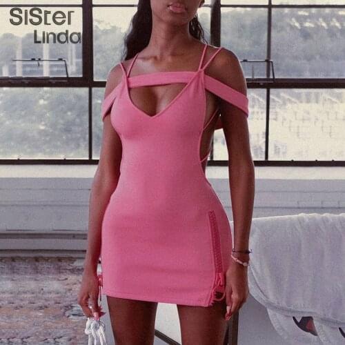 Sisterlinda Sexy Hollow Y2K Backless Strap Mini Dress Women Sleeveless Skinny Party Night Clubwear Female Beach Pink Dress 2021