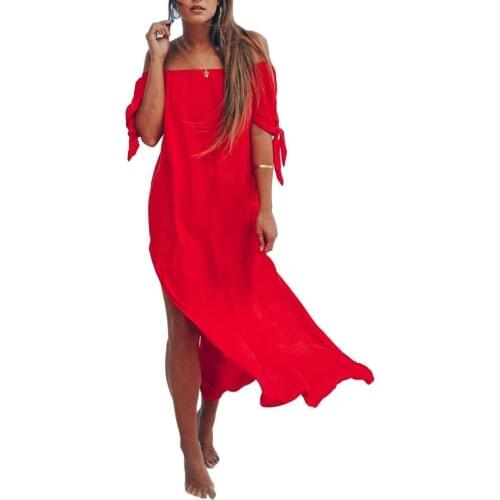 New Dress 2020 Sexy Women Solid Color Off Shoulder Tied Cuff Side Slitting Chiffon Beach Long Dress Party Dress Vestidos