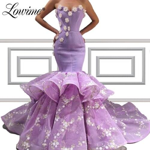 Lilac Mermaid Evening Dress Couture Long Prom Dresses Tiered With Handmade Flowers 2019 Wedding Party Gowns Robe De Soiree