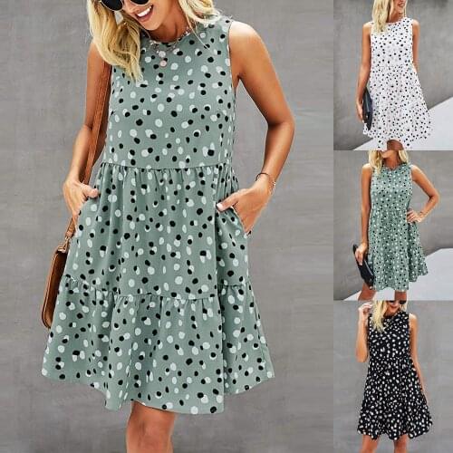 40# Women vintage pocket Dresses Summer Dot Prints Sleeveless A Line Dress Swing holiday beach party club mini Dresses лонгслив