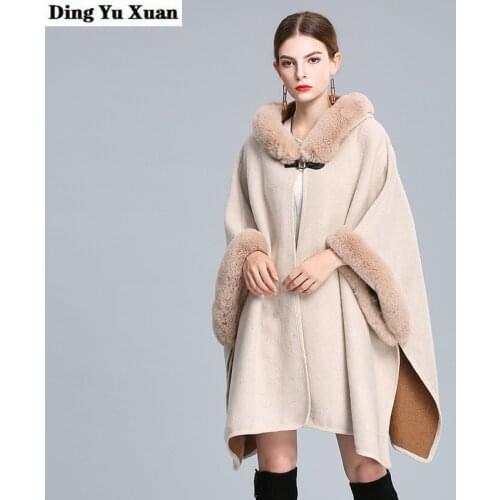 Winter Women Faux Rabbit Fur Hooded Cape Turn Down Collar Wool Blend Poncho Plus Size Loose Thick Cardigan Cloak Batwing Coat