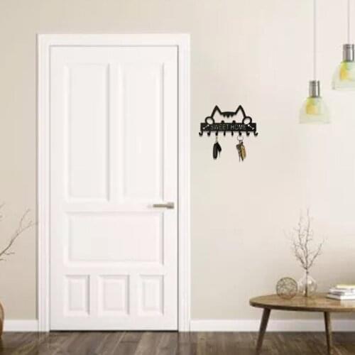 Key Holder for Wall Mount Cat Sweet Home Decorative 8 Hook Rack Metal Hanger Front Door Kitchen Bathroom Clothes Hat Organizer