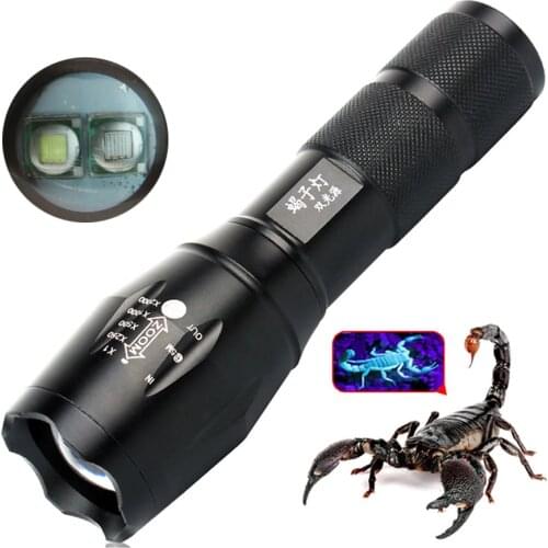 10W Dual Lights 1000LMs CREE T6 LED Torch Black Light 395NM UV Zoom LED Flashlight 18650 Night Fishing Scorpion Hunt Linterna
