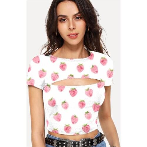 Somepet Strawberry T shirt Women Lovely Navel Bare Painting Tshirt Printed Harajuku Tshirts Casual Short Sleeve Sexy Printed