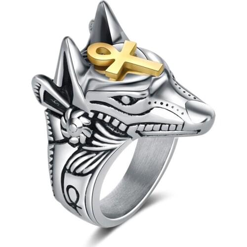 Gags Practical Jokes Self Defense Ring Punk Anubis Egyptian Cross Beast Finger Ring Titanium Steel Vintage Wolf Rings Toy Gift