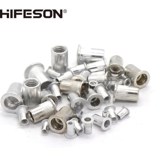 HIFESON 50 pcs/lot Aluminum Alloy Rivets Nuts Insert Flat Head Threaded Nut sert Cap for Riveter Riveting Nut Gun Tools