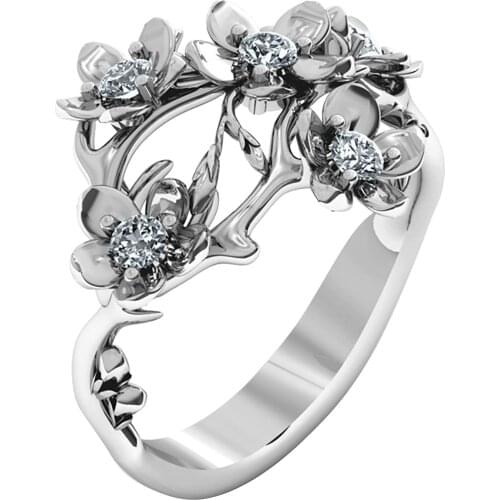 Fresh Floral Silver Ring Luxury Charm Wedding Rings for Women Party Jewelry Gifts Women Rhinestone Rings Femme Bijoux New
