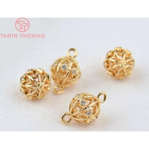 6PCS 9x14MM 24K Gold Color Brass with Zircon Round Beads Connector Charms High Quality Diy Jewelry Findings Accessories