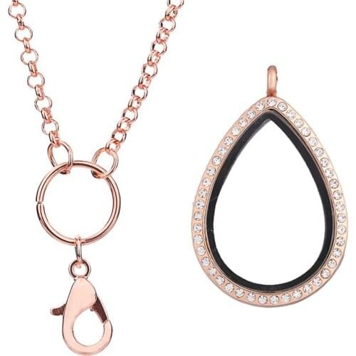 1pcs New arrival Tear Drop Alloy Magnetic Glass Rhinestone Lockets Living Memory Floating Charms necklace Women with 60cm chain