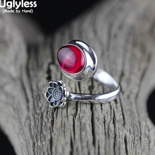 Uglyless Ethnic Thai Silver Blooming Lotus Open Rings for Women HOT PINK Corundum Rings Solid 925 Silver Vintage Gemstones Jewel