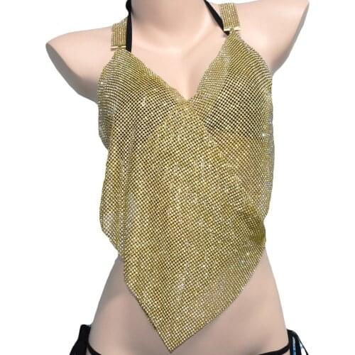 Sexy Metal Mesh Body Chain Sequin Rhinestone Bra Harness Chainmail Charm Halter Necklace Strap Top Vest Waist Body Chain Jewelry