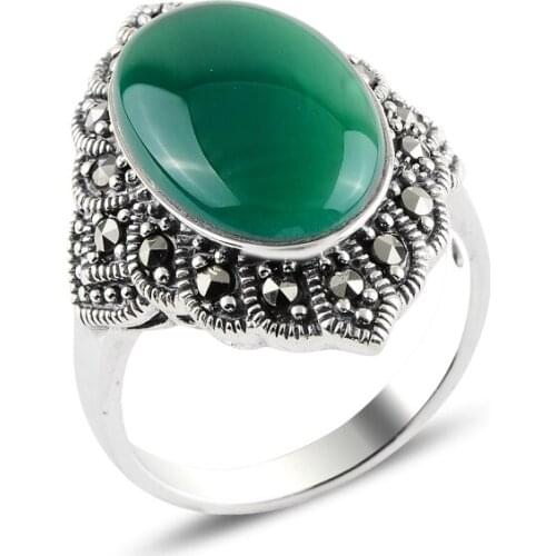 Silver 925 Sterling Green Agate & Marcasite Ring