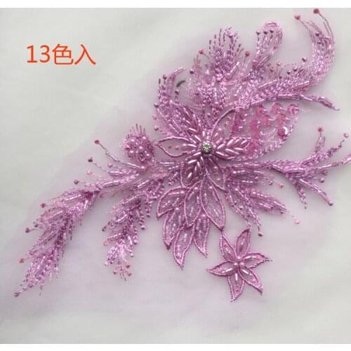 High-end colorful series handmade beaded lace flower champagne/green-gray/purple/red/black multi-colored dress applique W448