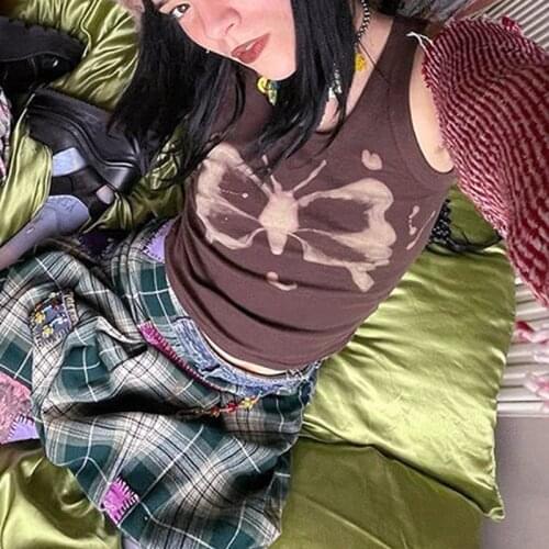 Y2K Butterfly Print vintage Brown Crop Tops Indie Streetwear O-neck Sleeveless Tank Tops 90s Fashion Summer Aesthetics Vests