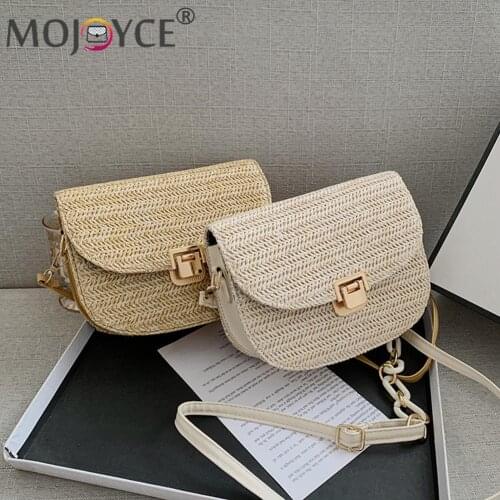 Vintage Straw Woven Chain Shoulder Bag Women Summer Small Handbag Female Beach Vacation Semicircle Saddle Bags