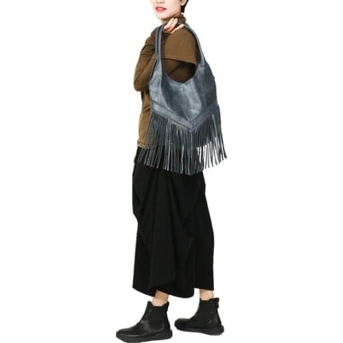 The New Cowhide Leather Fringe Hobo Bag Women Genuine Leather Handbag with Tassel Female Lady ​Casual Real Leather Shoulder Bag