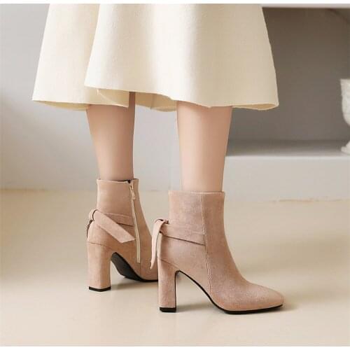 2021 Fashion Ankle Boots High Heels Flock Bow Women Autumn Winter Sexy Booties Square toe Thick heel zip Women Pump Size 31-43