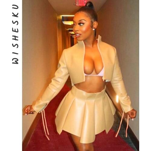 Two Piece Set Women Faux Leather PU Outfits Sexy Bandage Long Sleeve Cropped Jacket Coat+High Waist Pleated Mini Skirt 2021 Fall