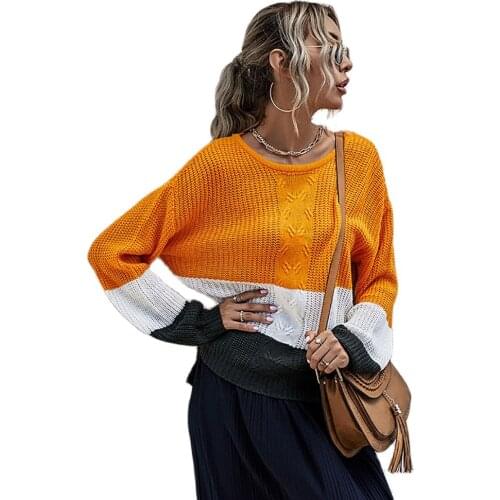 New European and American slim fashion three-color stitching knitted pullover sweater women