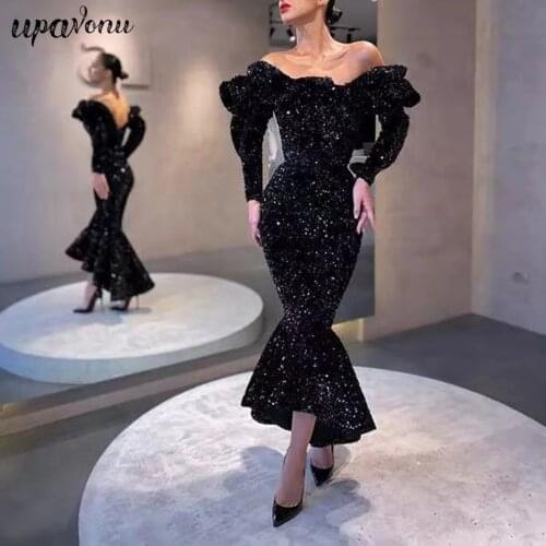 Free Shipping High Quality Women Party Sequin Dress 2021 New Sexy Card Shoulder Long Sleeve Bodycon Club Party Fishtail Vestidos