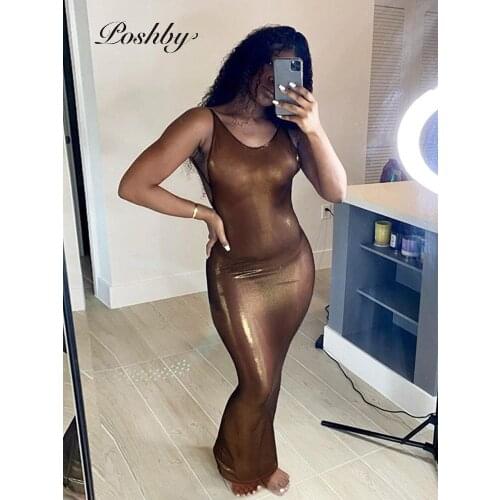 Poshby Autumn Winter Skinny 2021 Sexy Bodycon Club Party Vestidos Backless Strap Shiny Maxi Robe Elegant Women Festival Clothes