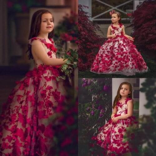 2020 Lovely Red Ball Gown Flower Girl Dresses with 3D Floral Appliques Tulle Todder Girls Pageant Dress Custom Made Formal Wear
