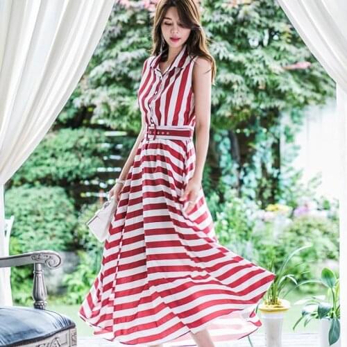 2020 New Summer Korean Women Striped Sexy V-Neck Sleveeless Loose Maxi Dresses Lady Office Elegant Robe Shirt Vestidoes Female