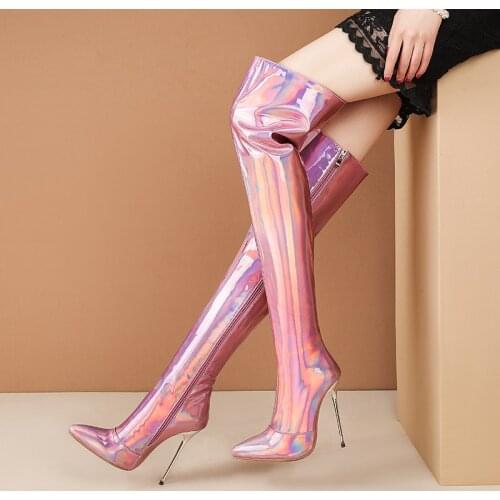 2021 Ladies New Laser Thigh Boots Female Sexy Stiletto Heel Microfiber Pointed Toe Fashion Boots Zipper Mirror Womens Shoes