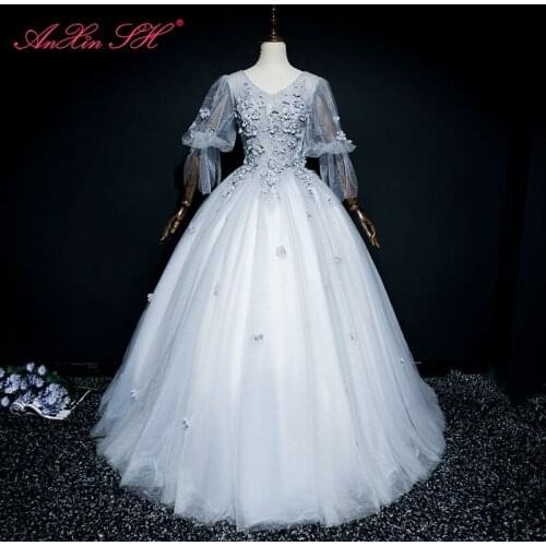 AnXin SH princess grey flower lace evening dress vintage v neck puff sleeve little flower pearls ball gown lace up evening dress