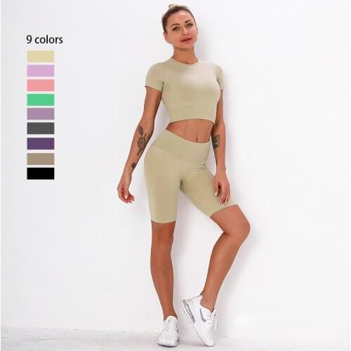 Seamless Yoga Set 2 Pcs Sports Suit Female Workout Clothes Short Sleeve Crop Top High Waist Gym Shorts Running Women Sportswear